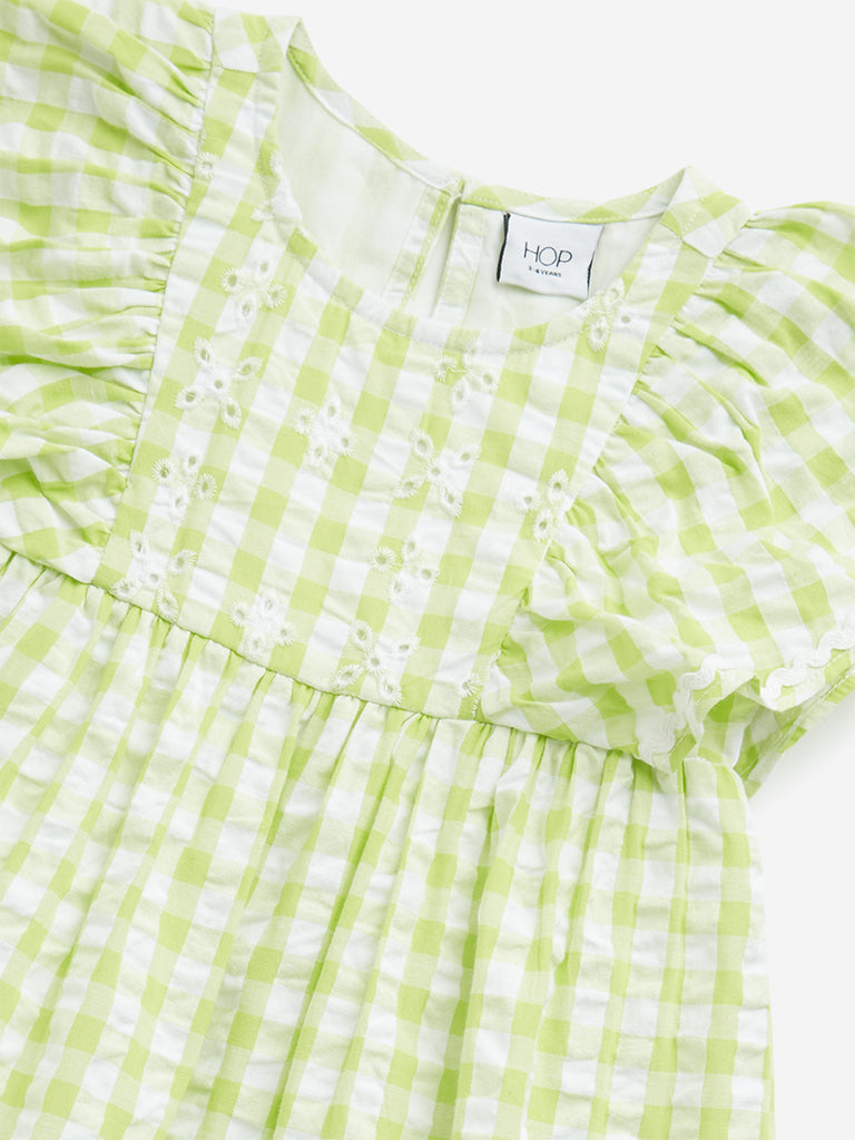 HOP Kids Lime Checkered Design A-Line Cotton Dress