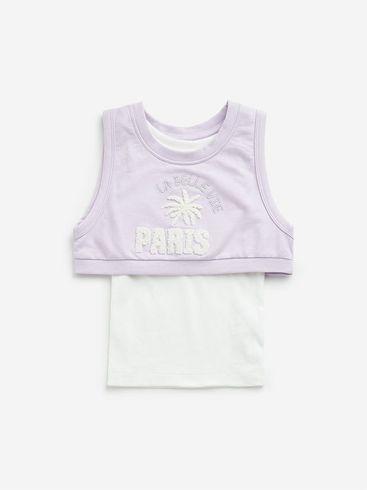 HOP Kids Lilac Text Embroidered Ribbed T-Shirt