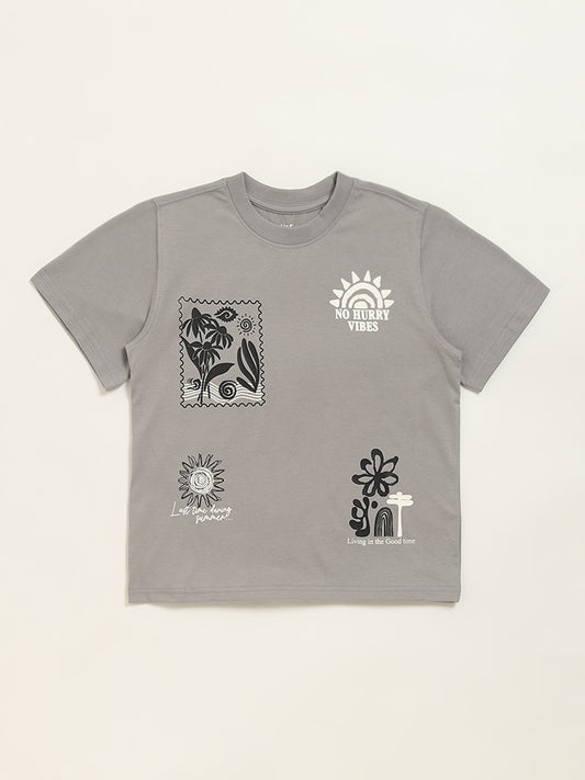 Y&F Kids Grey Text Print T-Shirt