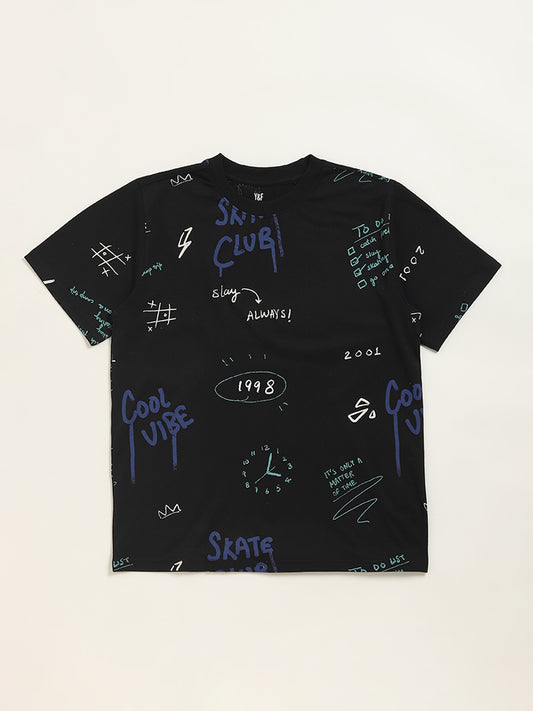 Y&F Kids Black Text Print T-Shirt