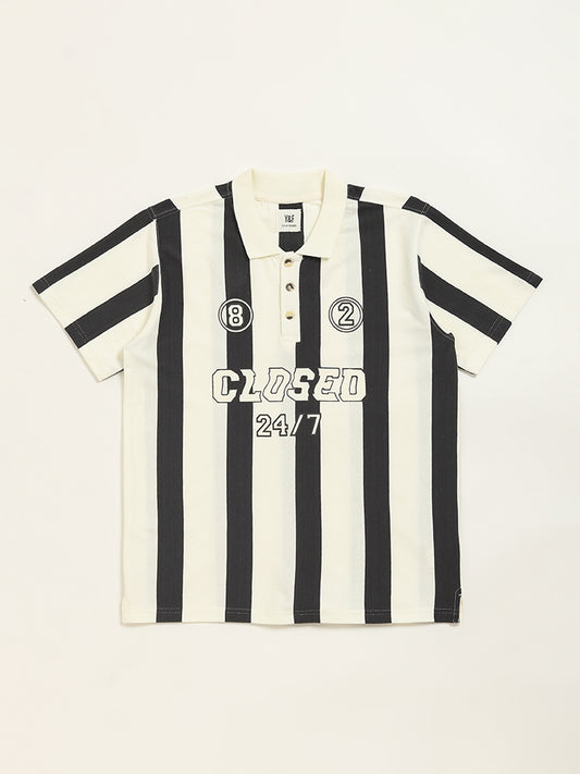 Y&F Kids Black Stripe Printed Polo Cotton T-Shirt