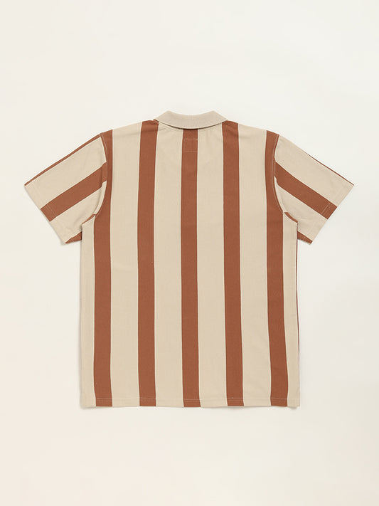 Y&F Kids Brown Stripe Printed Polo Cotton T-Shirt