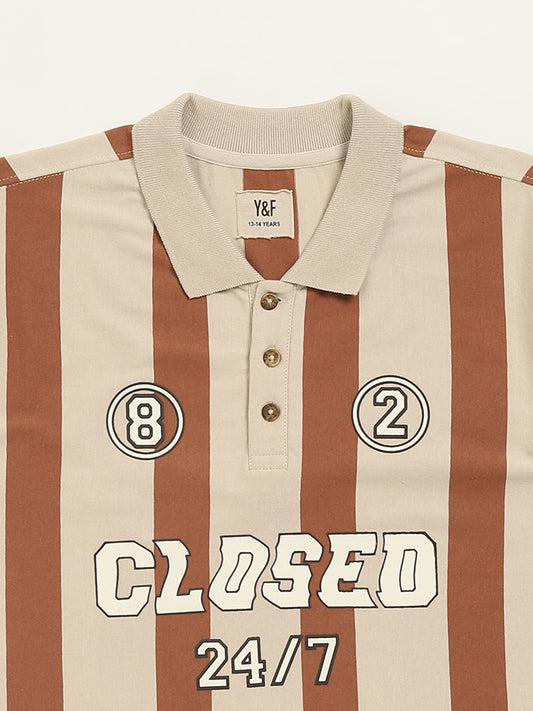 Y&F Kids Brown Stripe Printed Polo Cotton T-Shirt