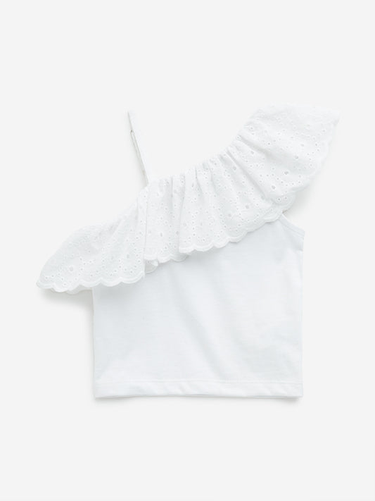 HOP Kids White Schiffli Detailed One-Shoulder Cotton Top