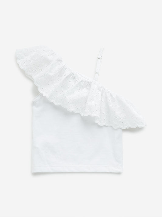 HOP Kids White Schiffli Detailed One-Shoulder Cotton Top