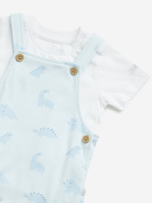 HOP Baby Light Blue Dinosaur Cotton Dungaree with T-Shirt Set