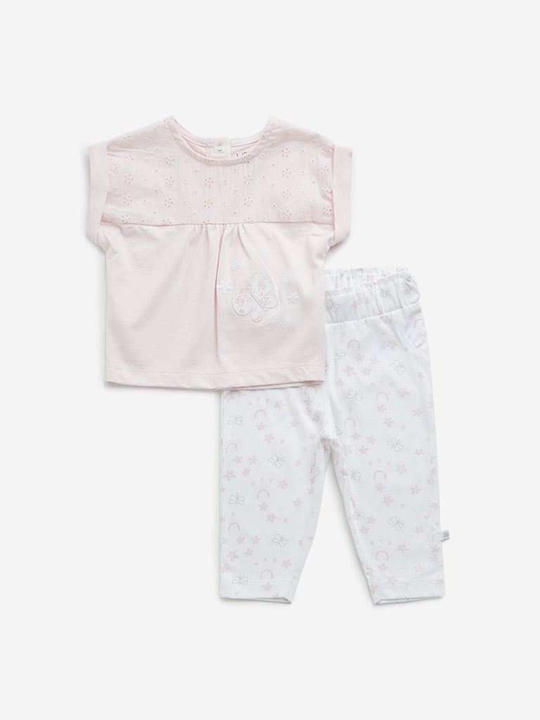 Westside HOP Baby Girl's Pink Schiffli Design Cotton Top and Pants Set for Casual Wear Front View