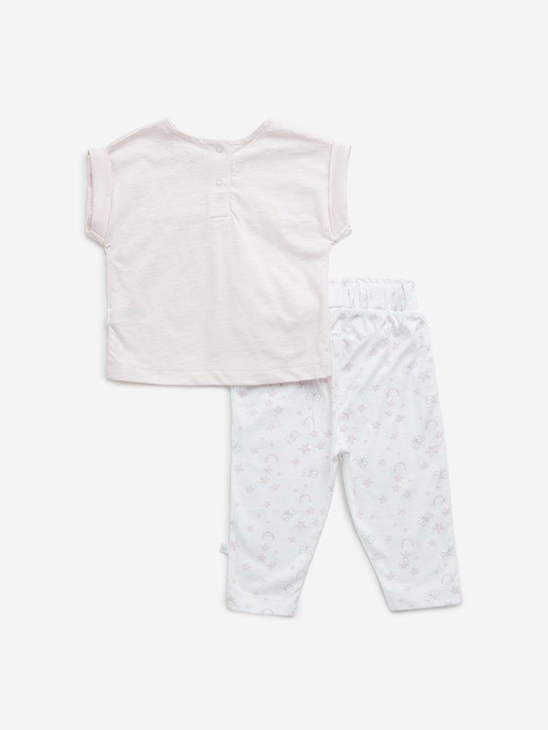 Westside HOP Baby Girl's Pink Schiffli Design Cotton Top and Pants Set for Casual Wear Back View