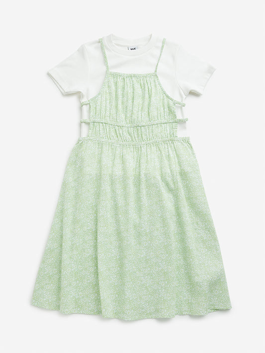 Y&F Kids Green Floral Printed A-line Dress and T-Shirt Set