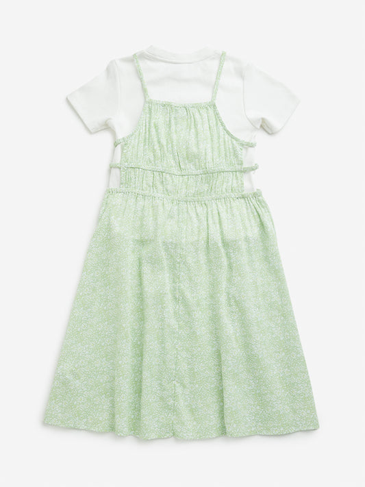 Y&F Kids Green Floral Printed A-line Dress and T-Shirt Set