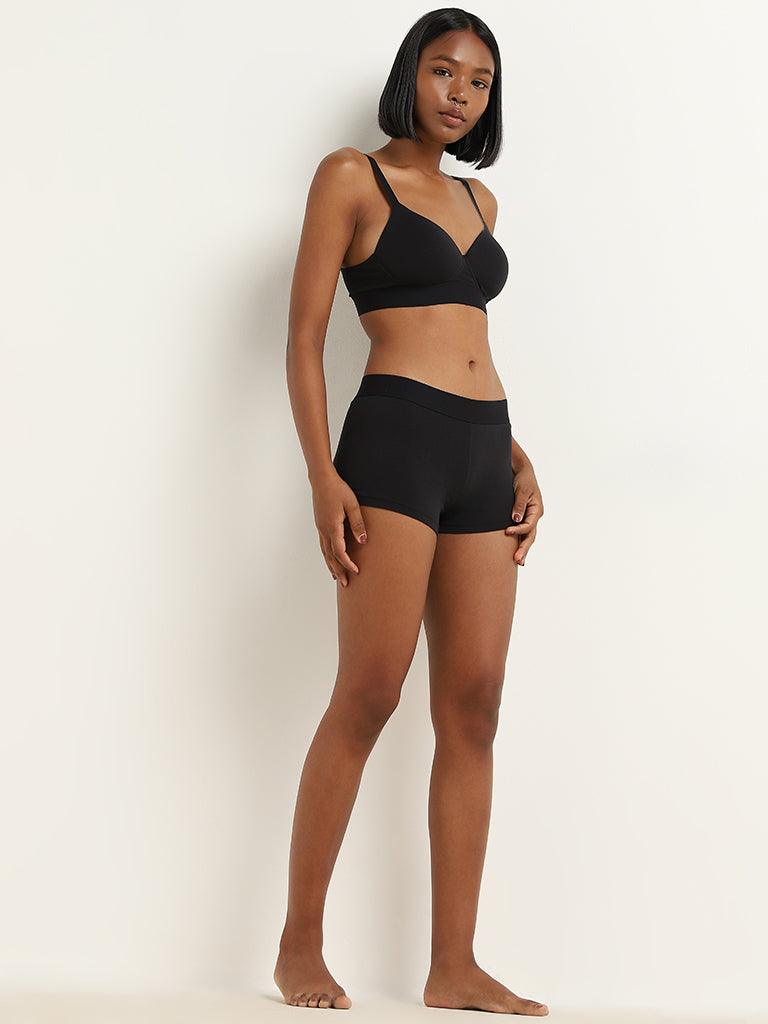 Superstar Black Solid Boy Shorts Cotton-Blend Brief