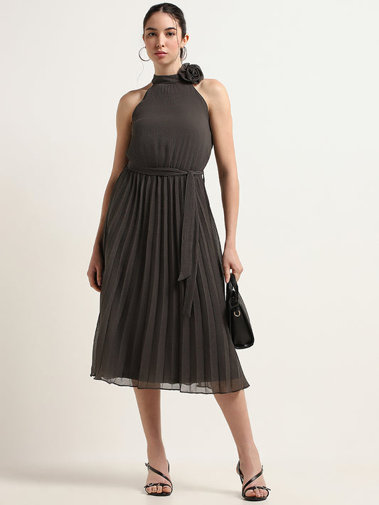 Wardrobe Grey Rosette Neckline Pleated Midi Dress