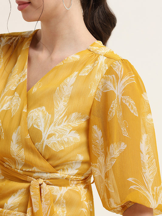Wardrobe Yellow Printed Wrap Midi Dress with Belt