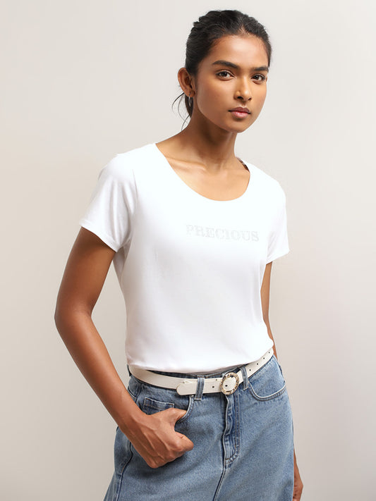 LOV White Diamante Text Design T-Shirt
