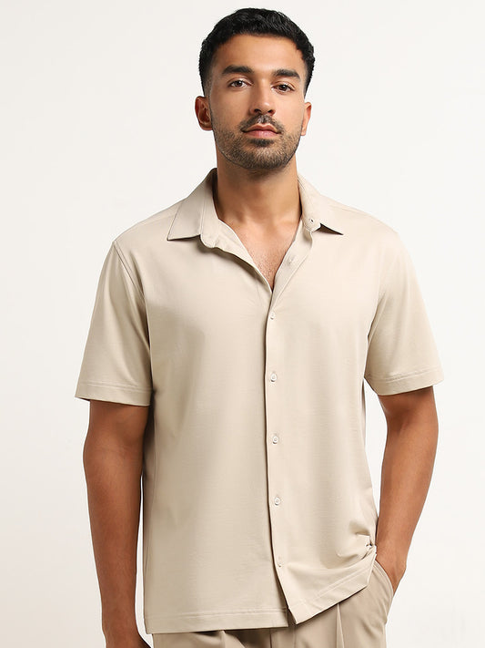 Ascot Beige Solid Cotton Blend Relaxed Fit Shirt