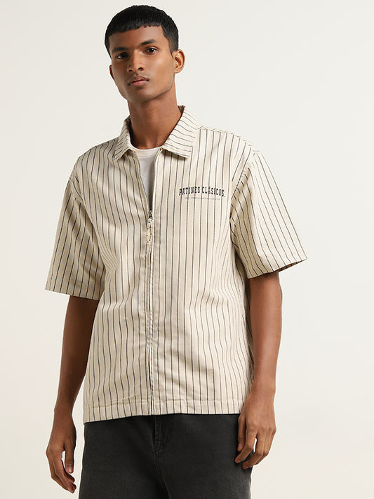 Nuon Light Beige Stripe Pattern Relaxed-Fit Cotton Jacket