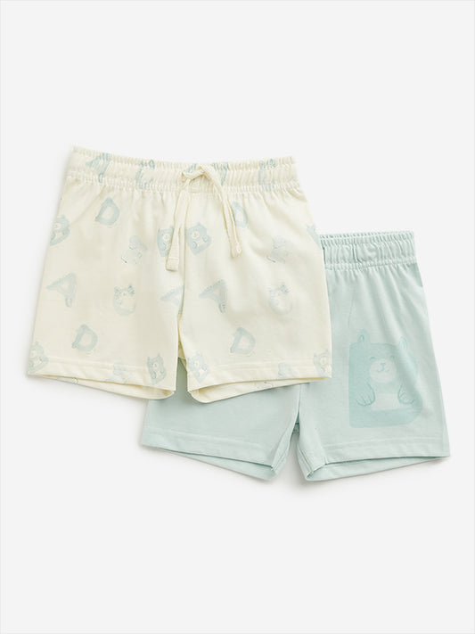 HOP Baby Light Sage Bear Printed Mid Rise Shorts - Pack of 2