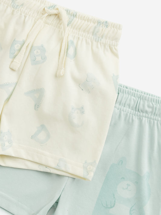 HOP Baby Light Sage Bear Printed Mid Rise Shorts - Pack of 2