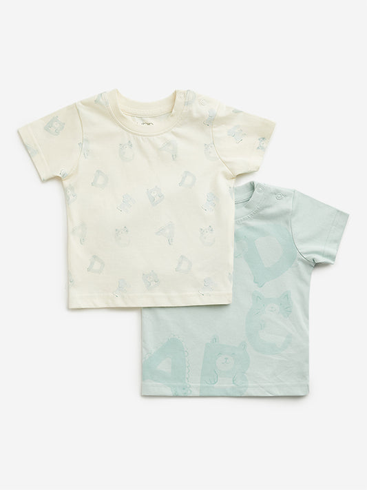 HOP Baby Light Sage Bear Printed T-Shirt - Pack of 2