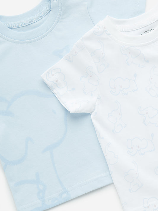 HOP Baby Light Blue Elephant Design Cotton T-Shirts - Pack of 2