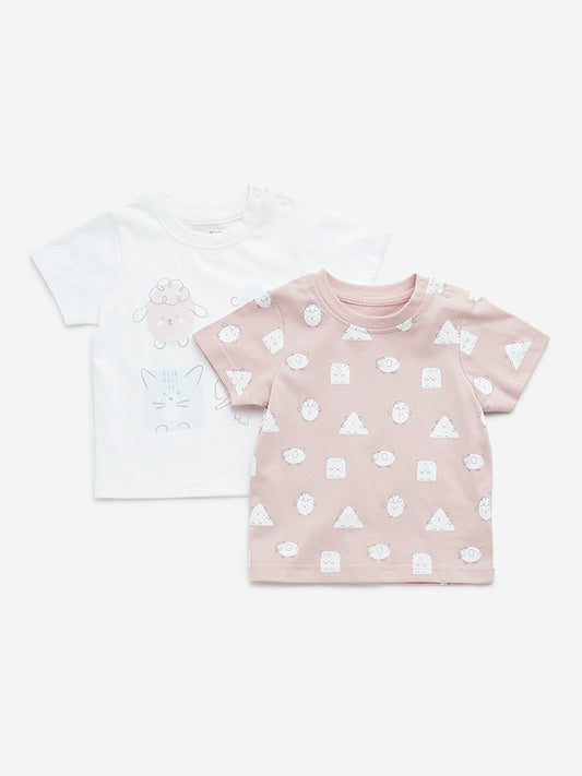 HOP Baby Dusty Pink Animal Print Cotton T-Shirts - Pack of 2