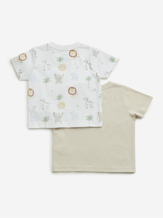 HOP Baby Beige Animal Print T-Shirts - Pack of 2