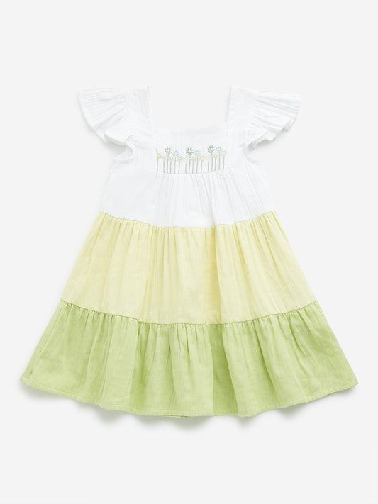 HOP Kids Lime Colour-Blocked Design Tiered Cotton Dress