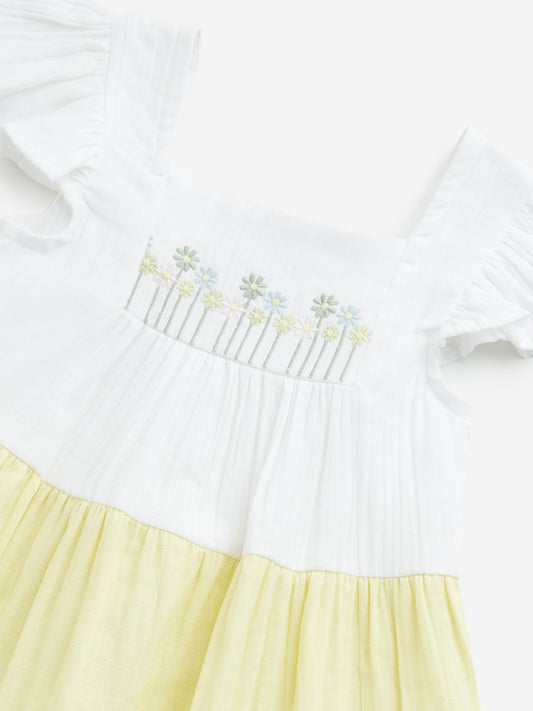 HOP Kids Lime Colour-Blocked Design Tiered Cotton Dress