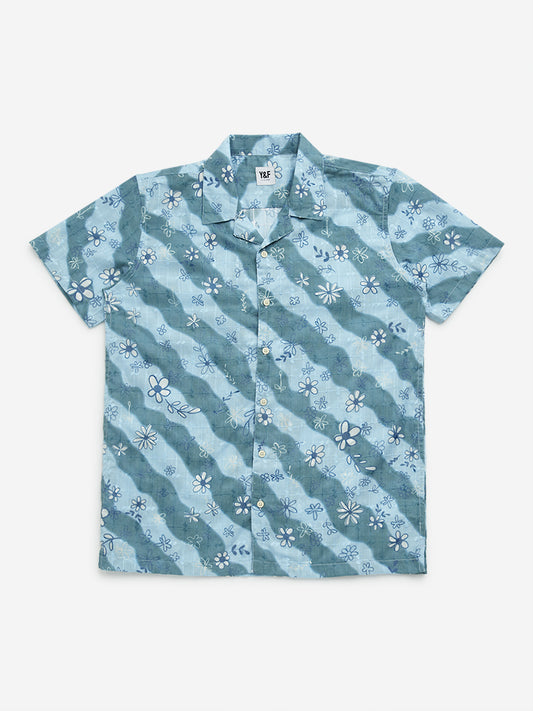 Y&F Kids Teal Floral Print Cotton Shirt