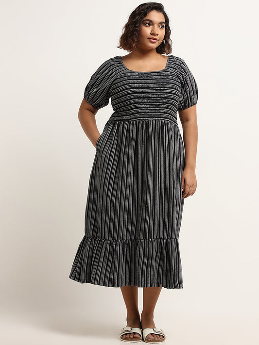 Gia Black Striped Printed Cotton Tiered Dress