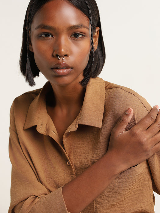 Nuon Brown Crinkled Crop Shirt