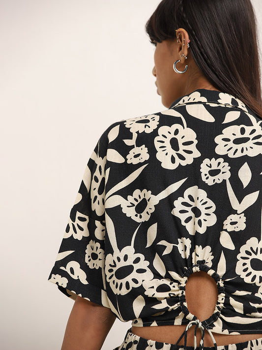 Nuon Black Floral Knot-Detailed Blended Linen Top