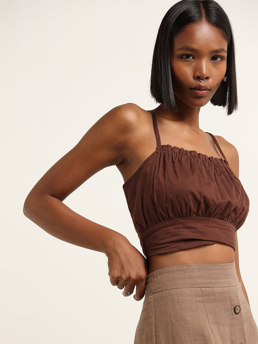 Nuon Brown Solid Cropped Cotton Top