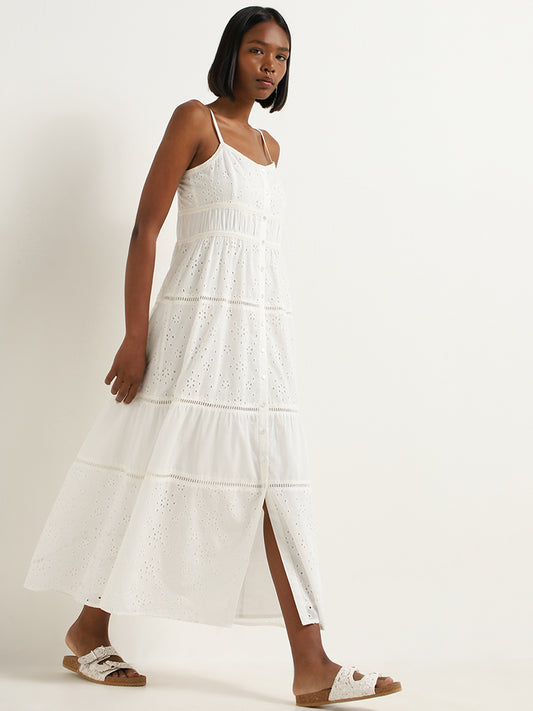 Nuon White Schiffli Detailed Tiered Dress