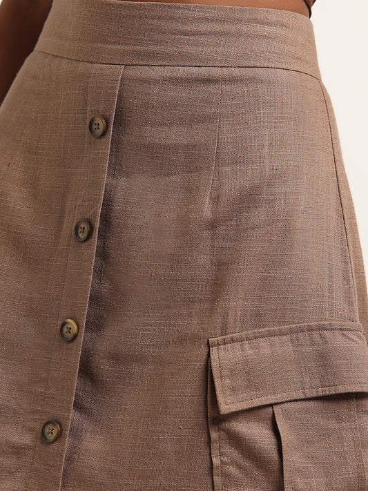 Nuon Brown High-Rise Blended Linen Skirt
