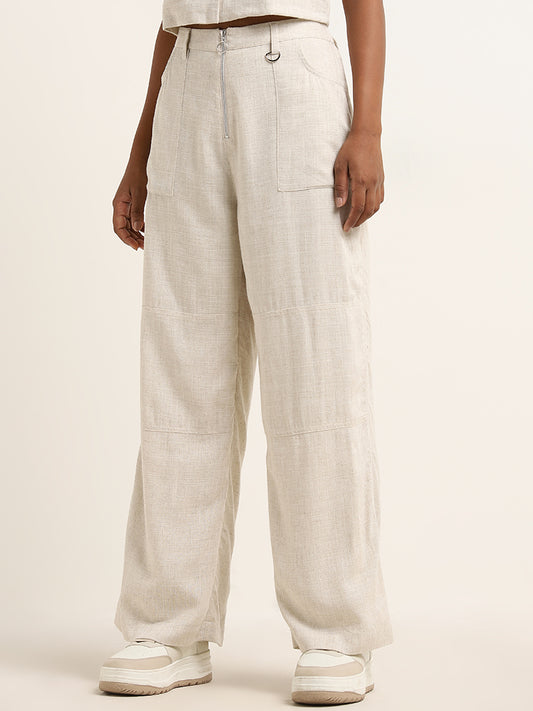 Nuon Beige Mid-Rise Flared Blended Linen Pants