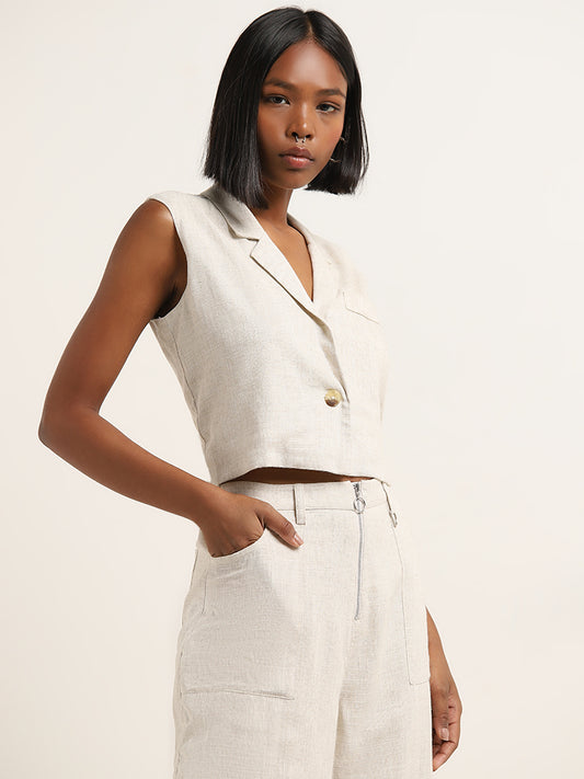 Nuon Beige Waistcoat-Style Blended Linen Top