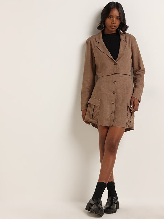 Nuon Brown Blended Linen Cropped Jacket