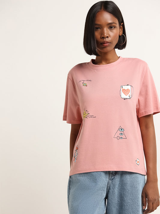 Nuon Pink Contrast Print Oversized T-Shirt