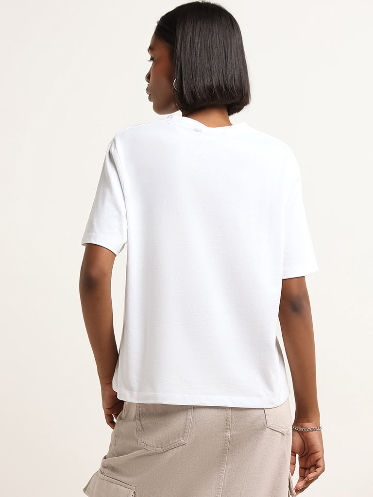 Nuon White Contrast Print Cotton T-Shirt
