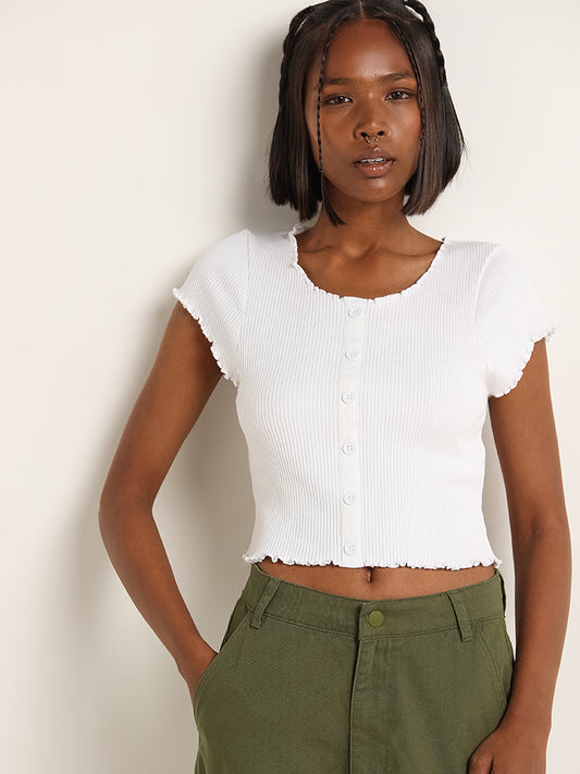 Nuon White Cotton Blend Ribbed Top