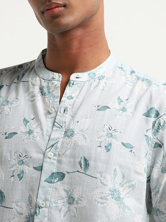 ETA Light Teal Floral Printed Cotton Resort Fit Shirt