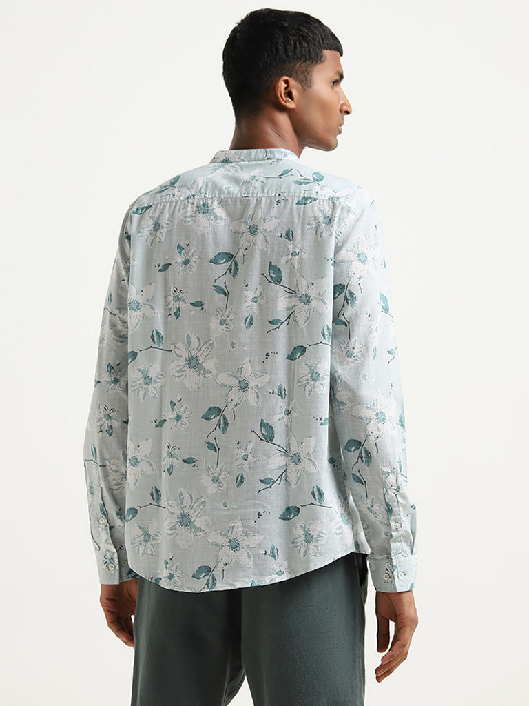 ETA Light Teal Floral Printed Cotton Resort Fit Shirt