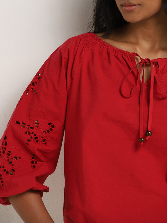 LOV Red Schiffli Design Cotton Blouse