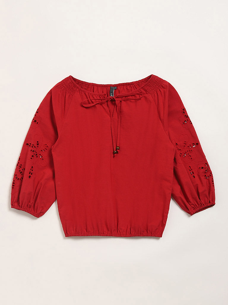LOV Red Schiffli Design Cotton Blouse