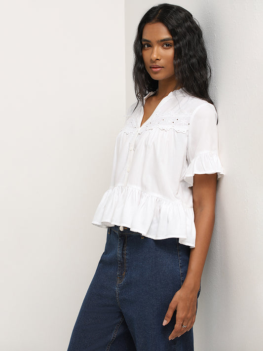 LOV White Floral Embroidered Blouse
