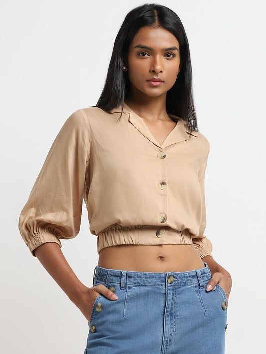 LOV Beige Solid Cropped Blouse