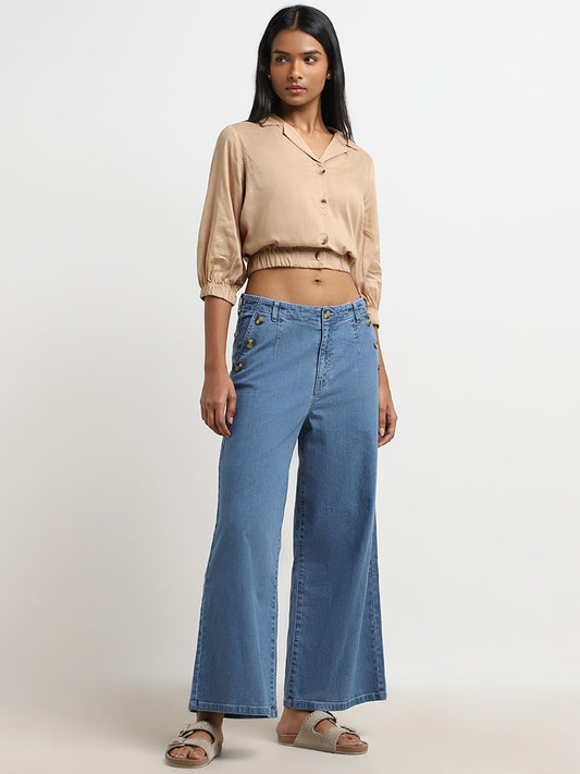 LOV Beige Solid Cropped Blouse