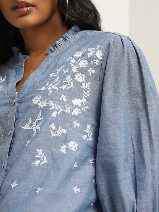 LOV Blue Floral Embroidered Cotton Top