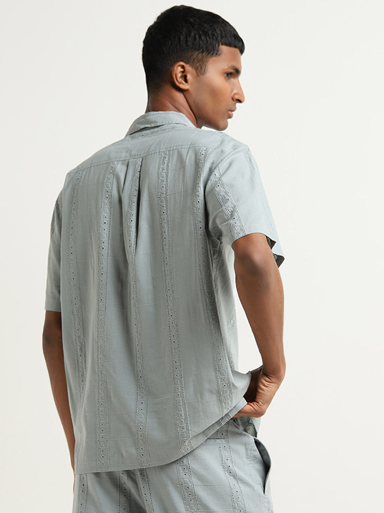 ETA Dusty Teal Schiffli Design Relaxed-Fit Cotton Shirt